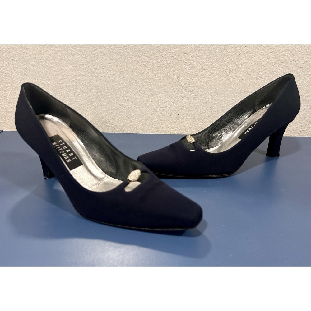 Stuart Weitzman Vtg Navy Blue Peau de Soie Pumps Heels Crystal Embellished 7.5B